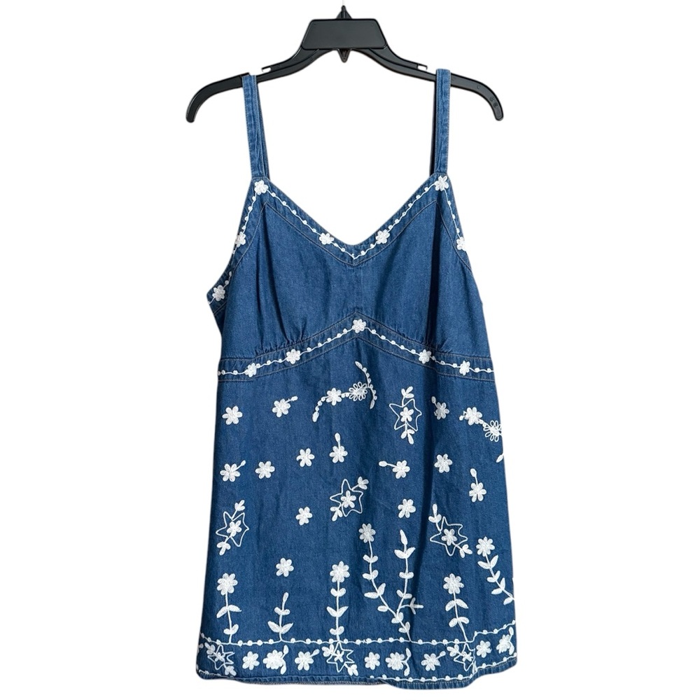 Blue Floral Embroidered Denim Dress